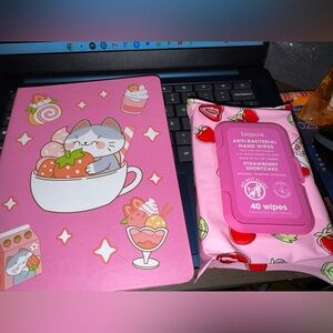 Cute Pink Cat Notebook and Strawberry Wipes